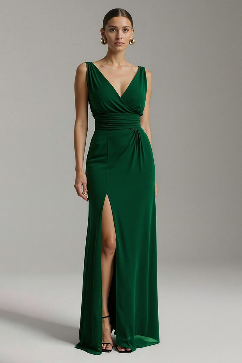 Dark Green Chiffon Sheath V-Neck Long Holiday Party Dress with Slit