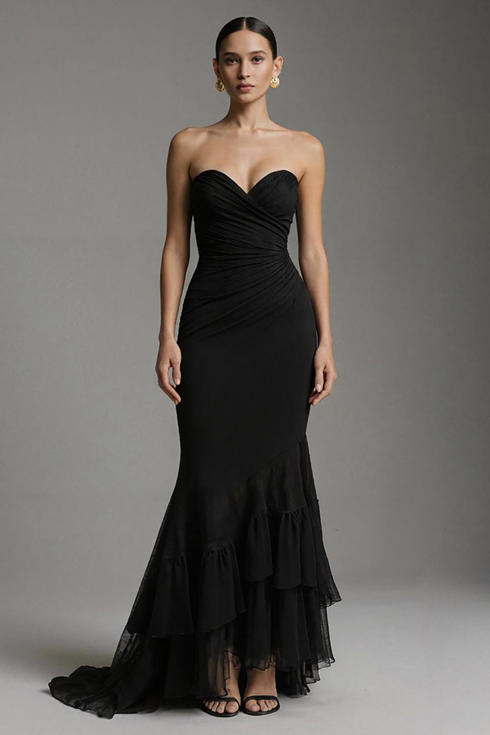 Black Tulle Mermaid Sweetheart Ruched Long Holiday Party Dress with Ruffles