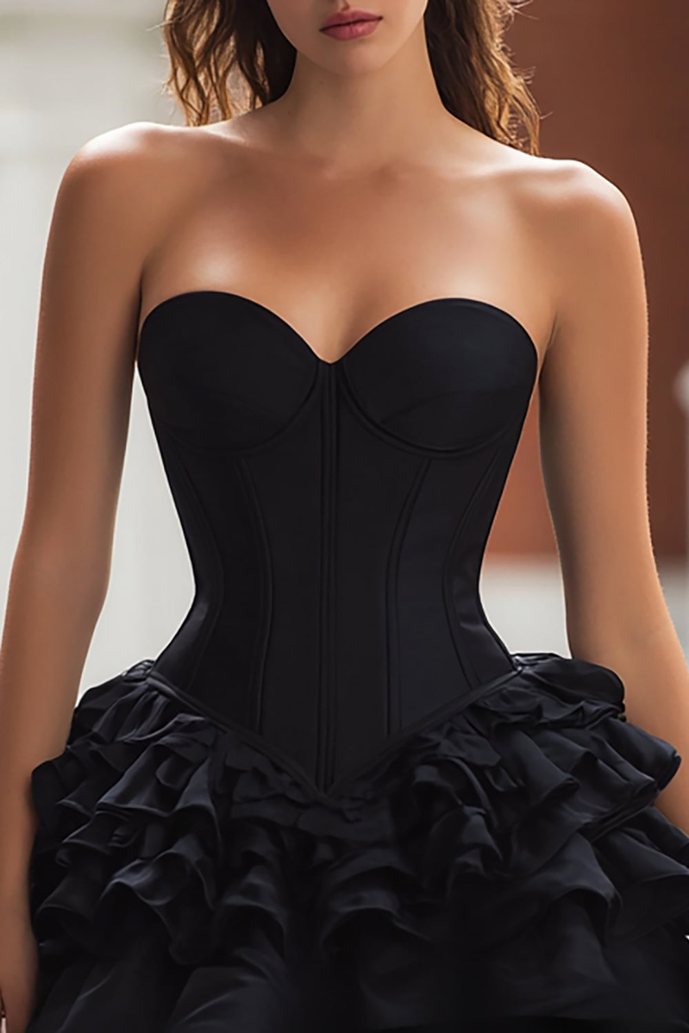 Black Satin Sweetheart A-Line Ruffled Short Corset Cocktail Dress