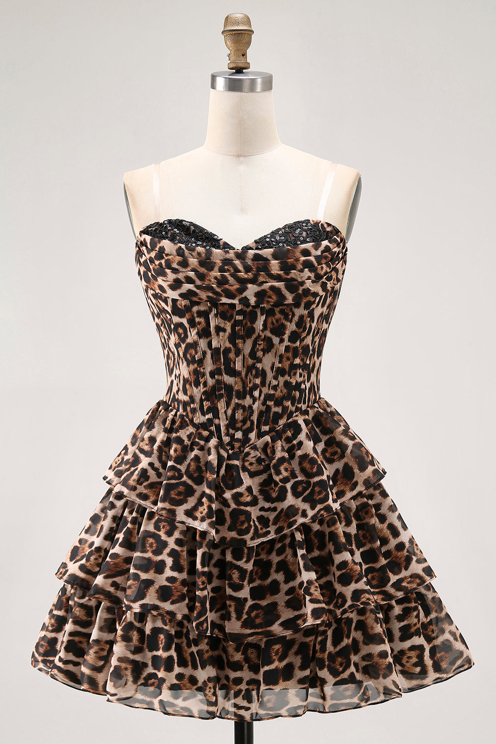 Brown Leopard Sweetheart Tiered Short Corset Homecoming Dress