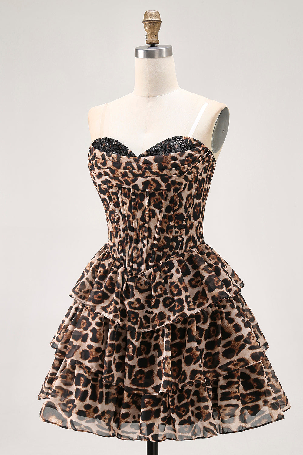 Brown Leopard Sweetheart Tiered Short Corset Homecoming Dress