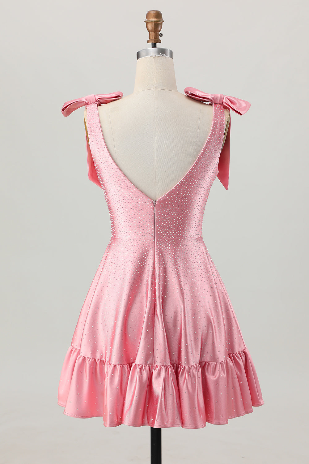 Sparkly Blush Pink Satin A Line Short Beaded Homecoming Dress with Bow