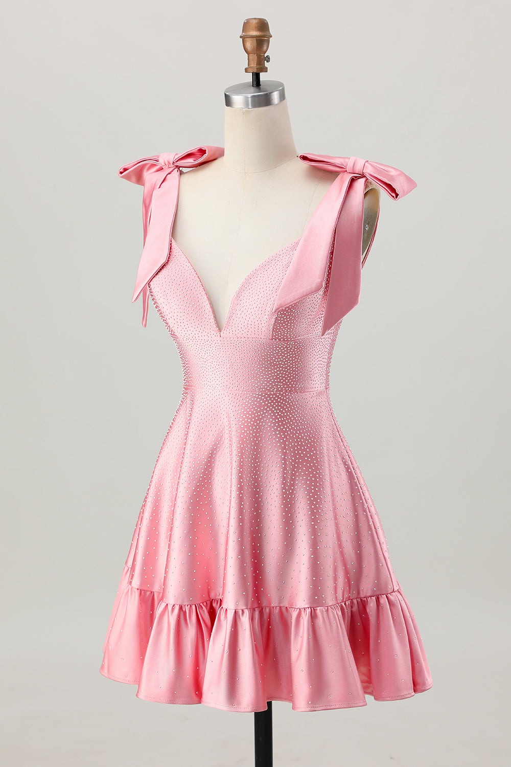 Sparkly Blush Pink Satin A Line Short Beaded Homecoming Dress with Bow