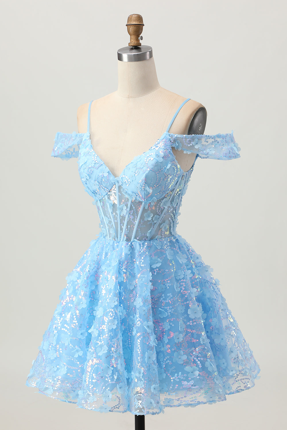 Floral Blue A Line Short Corset Homecoming Dress with Sequins