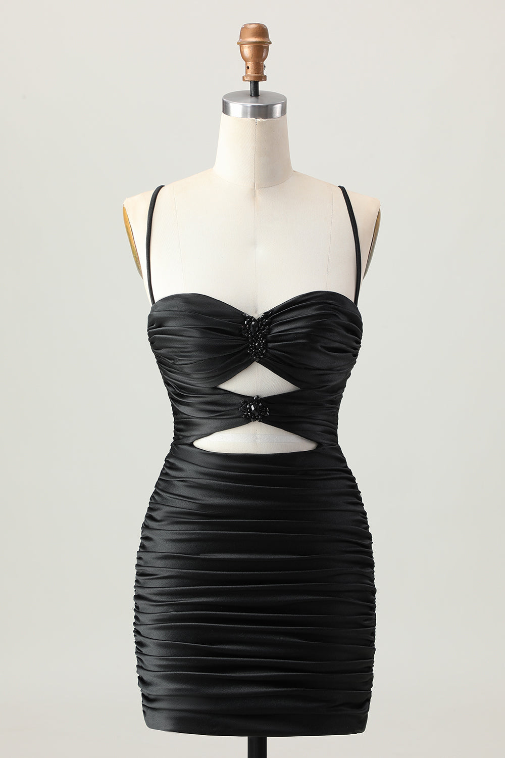 Sparkly Black Cut Out Ruched Cami Short Tight Homecoming Dress