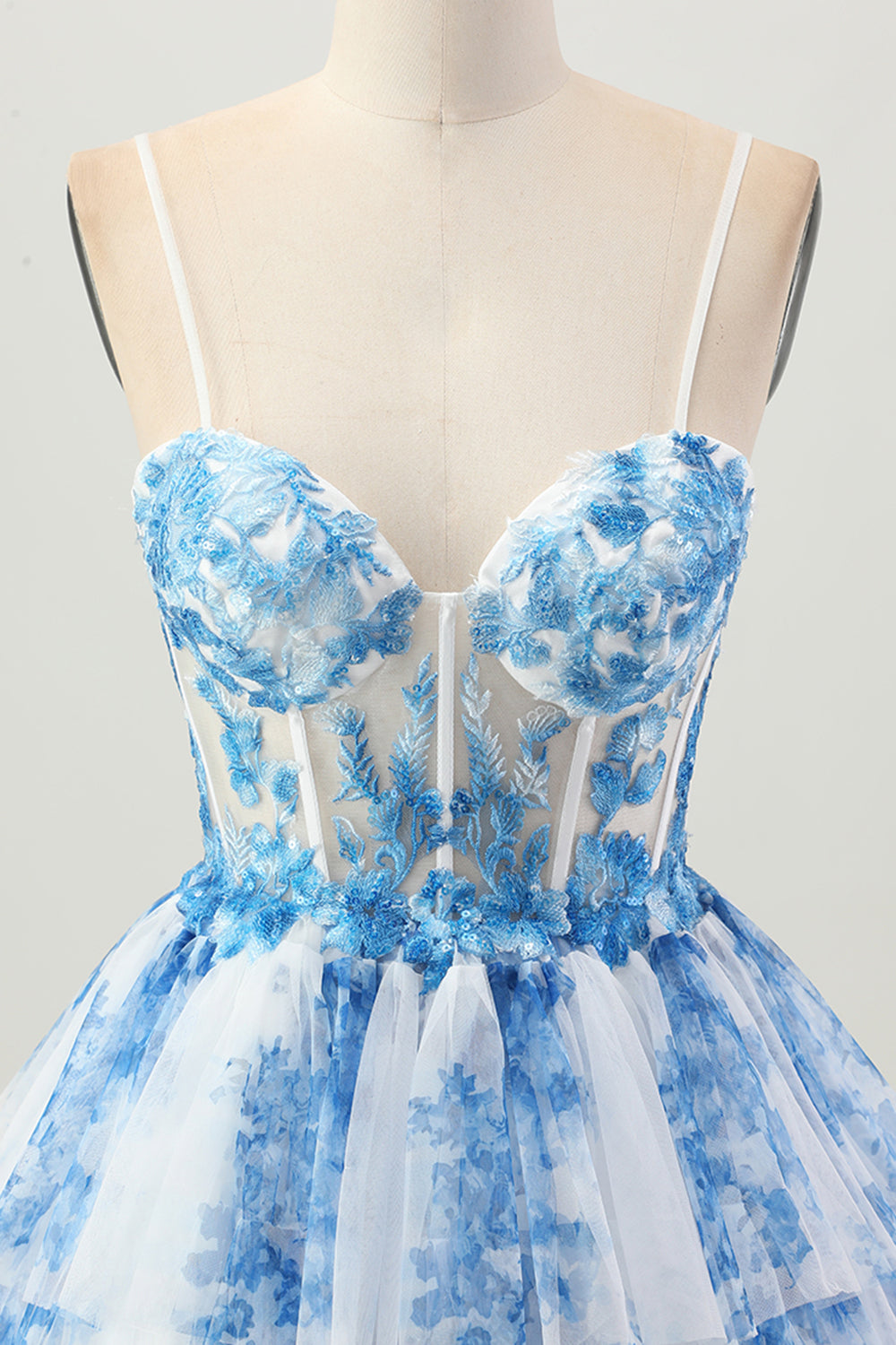 Floral White Blue Tiered A Line Short Corset Homecoming Dress