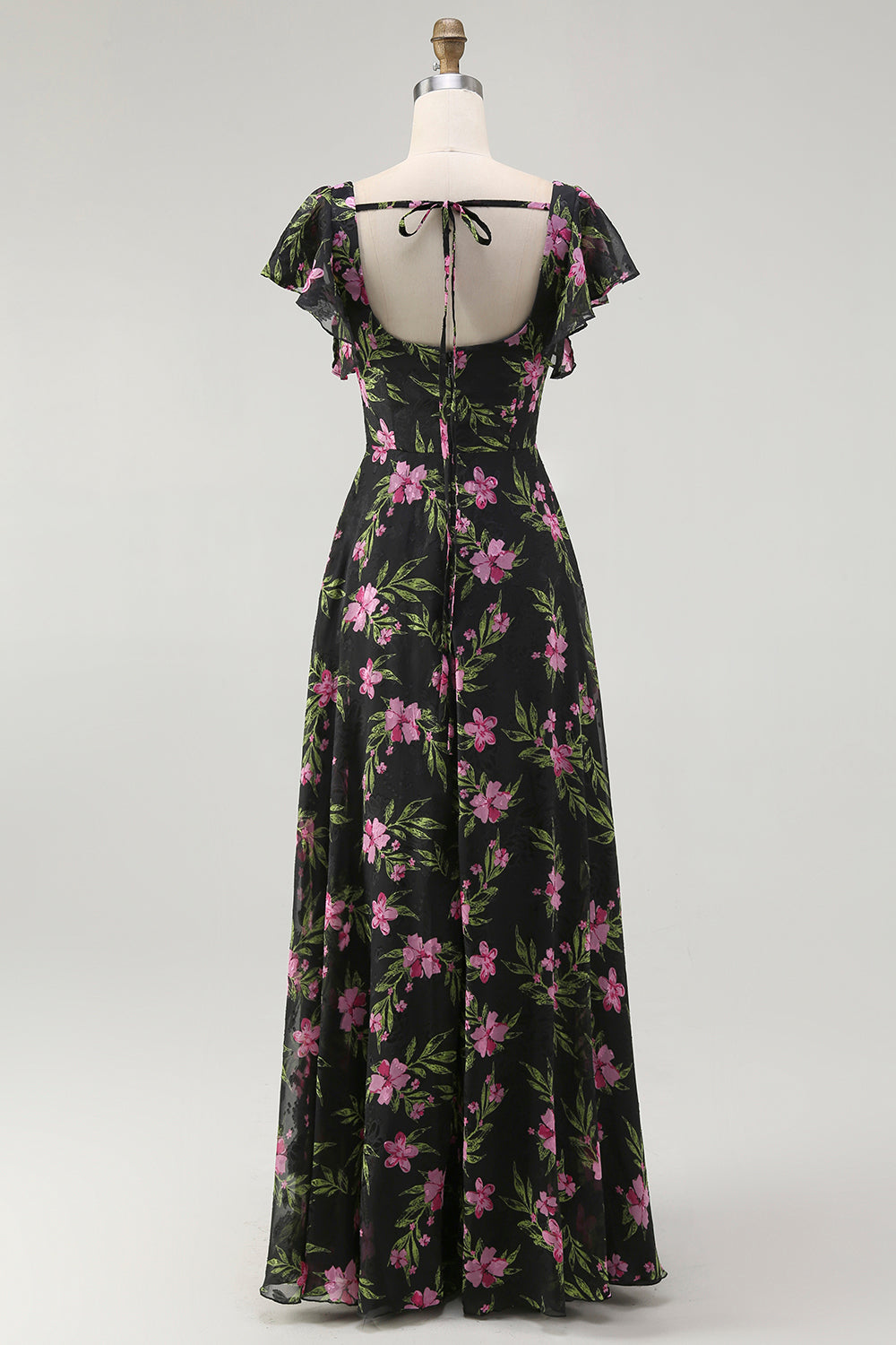 Floral Black Pink Chiffon A Line Long Wedding Guest Dress with Sleeves