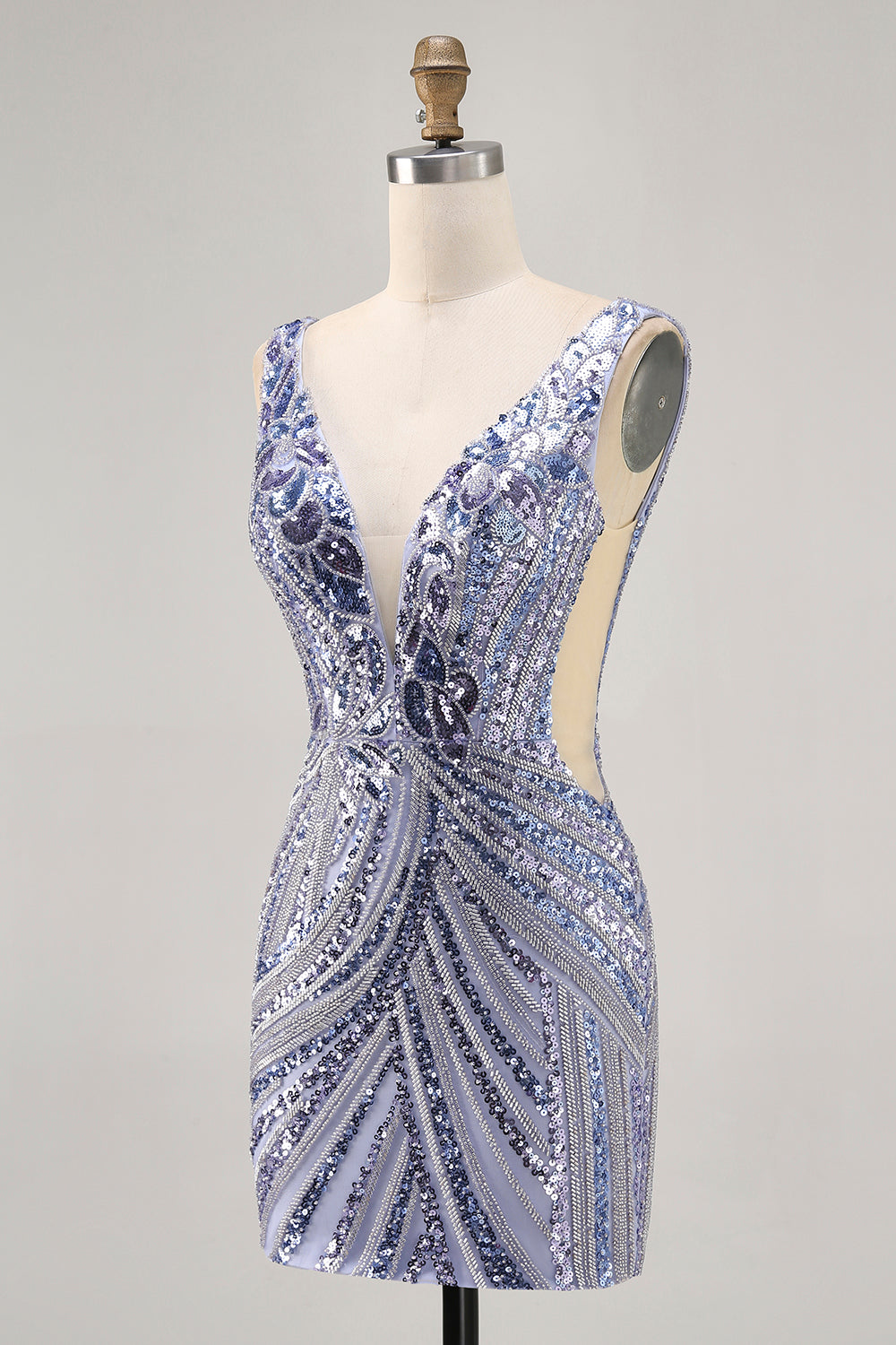 Sparkly Lilac V-Neck Beaded Short Tight Homecoming Dress