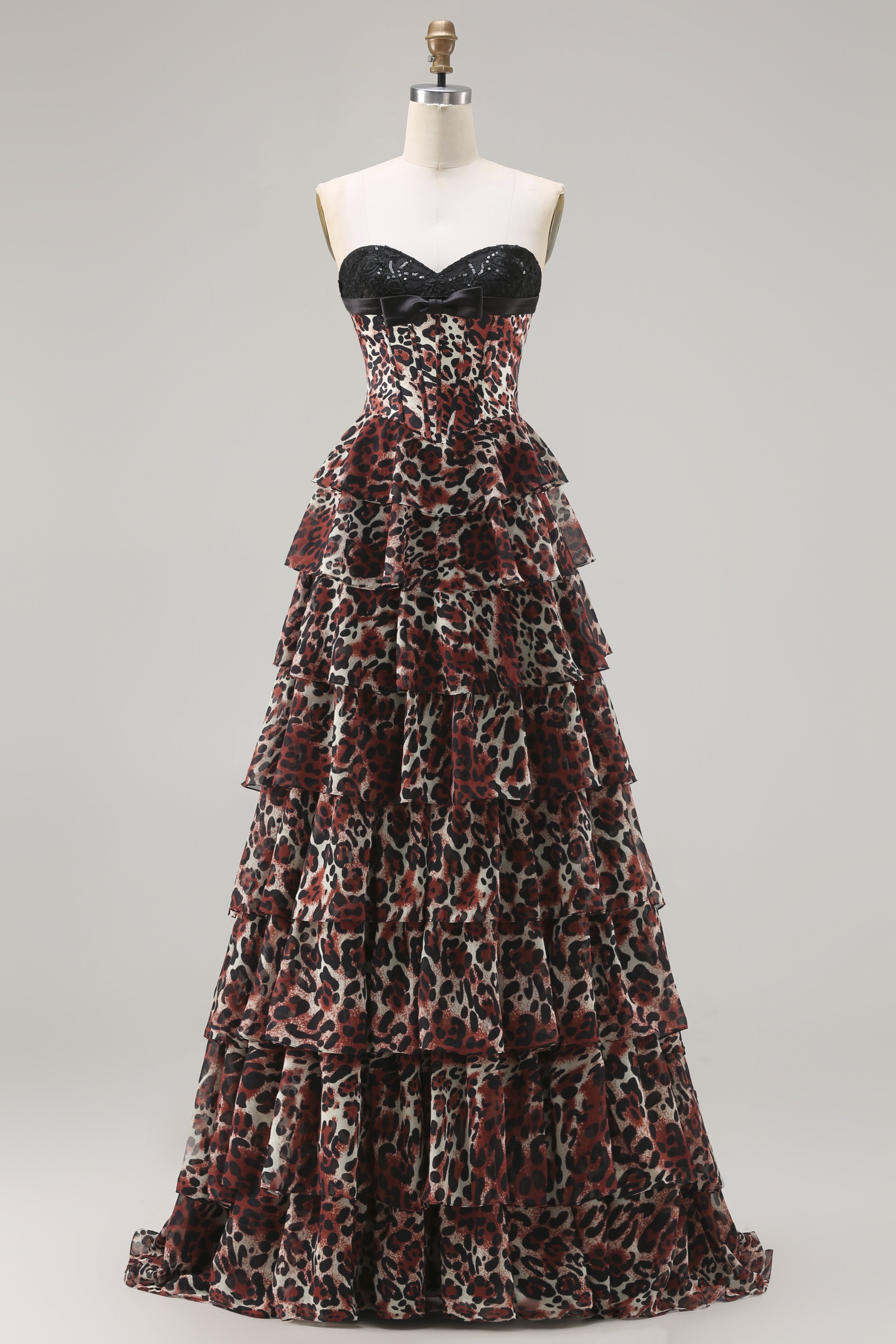 Brown Leopard Tiered A Line Sweetheart Corset Long Prom Dress