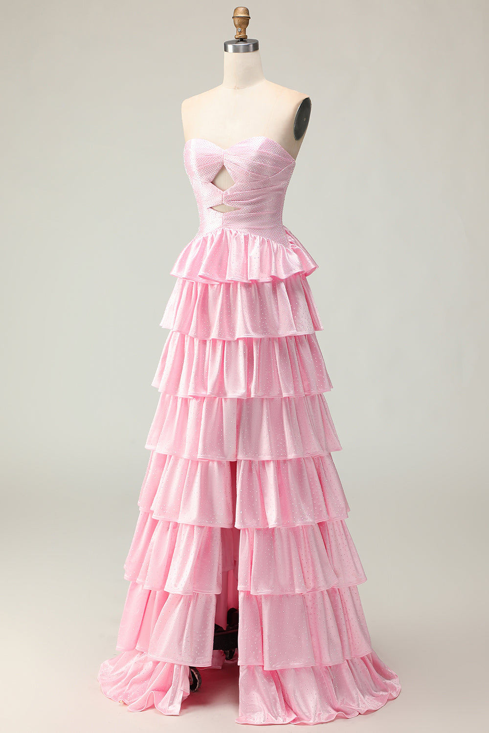 Sparkly Pink Strapless Ruffled Maxi Prom Dress with Keyhole