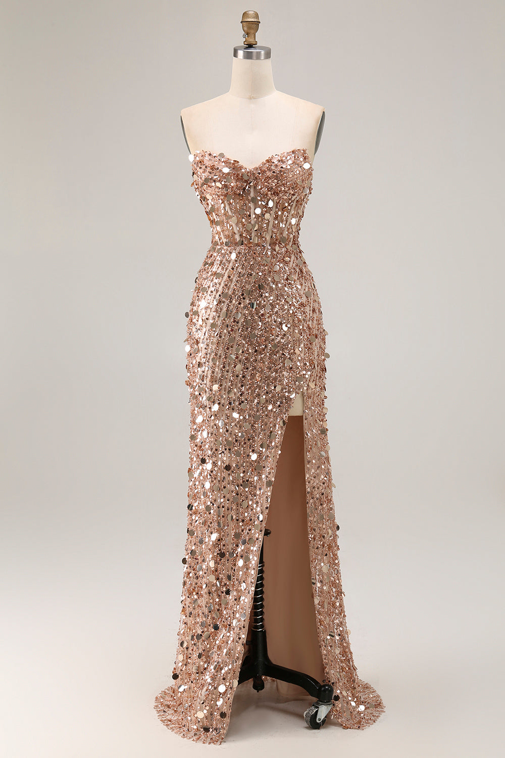 Sparkly Champagne Beaded Long Corset Prom Dress with Slit