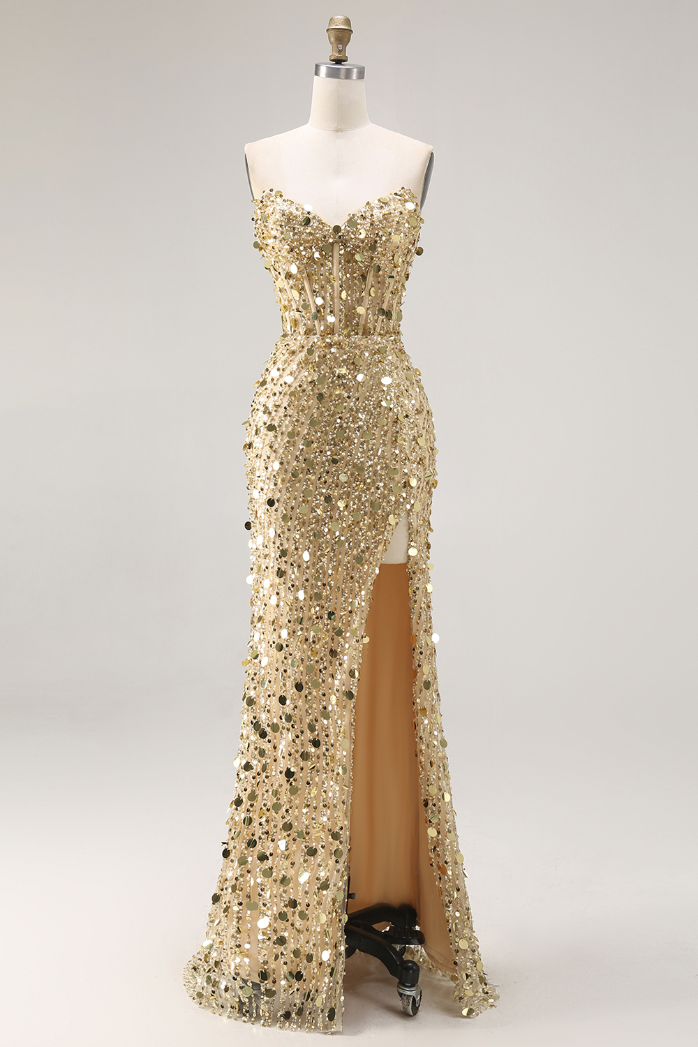 Sparkly Gold Beaded Long Corset Prom Dress with Slit