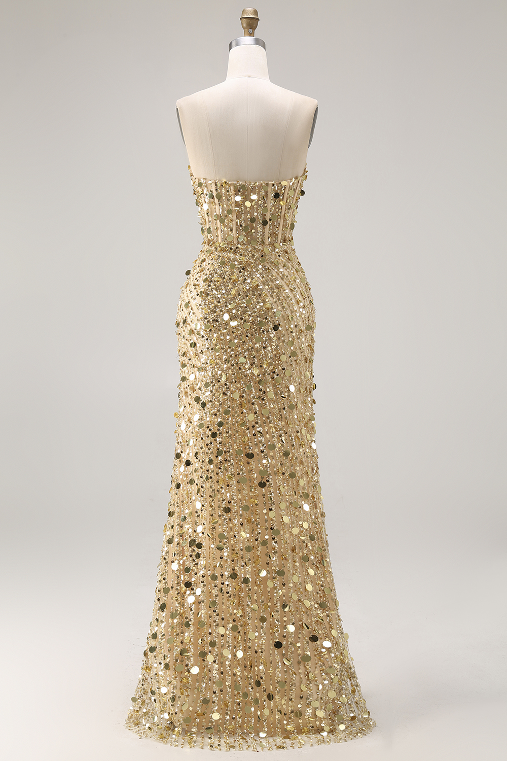 Sparkly Gold Beaded Long Corset Prom Dress with Slit