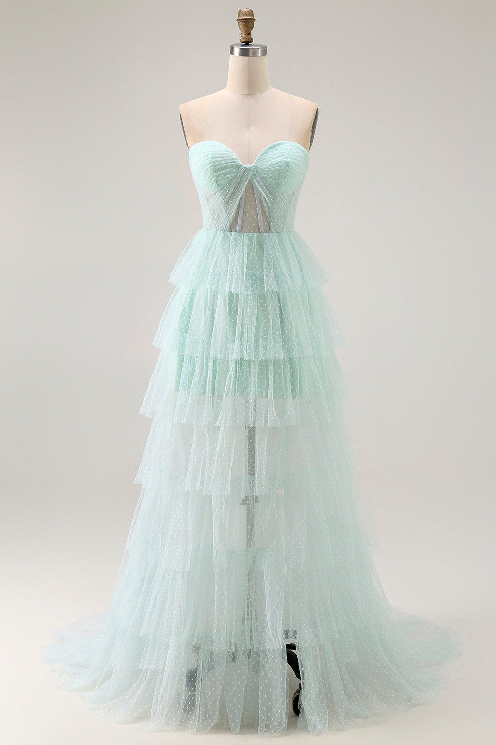Light Green Strapless Tulle Tiered Long Prom Dress with Slit
