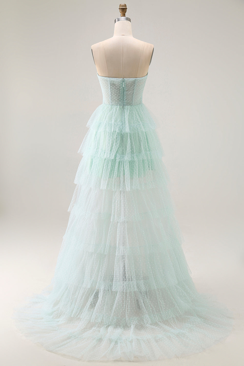 Light Green Strapless Tulle Tiered Long Prom Dress with Slit