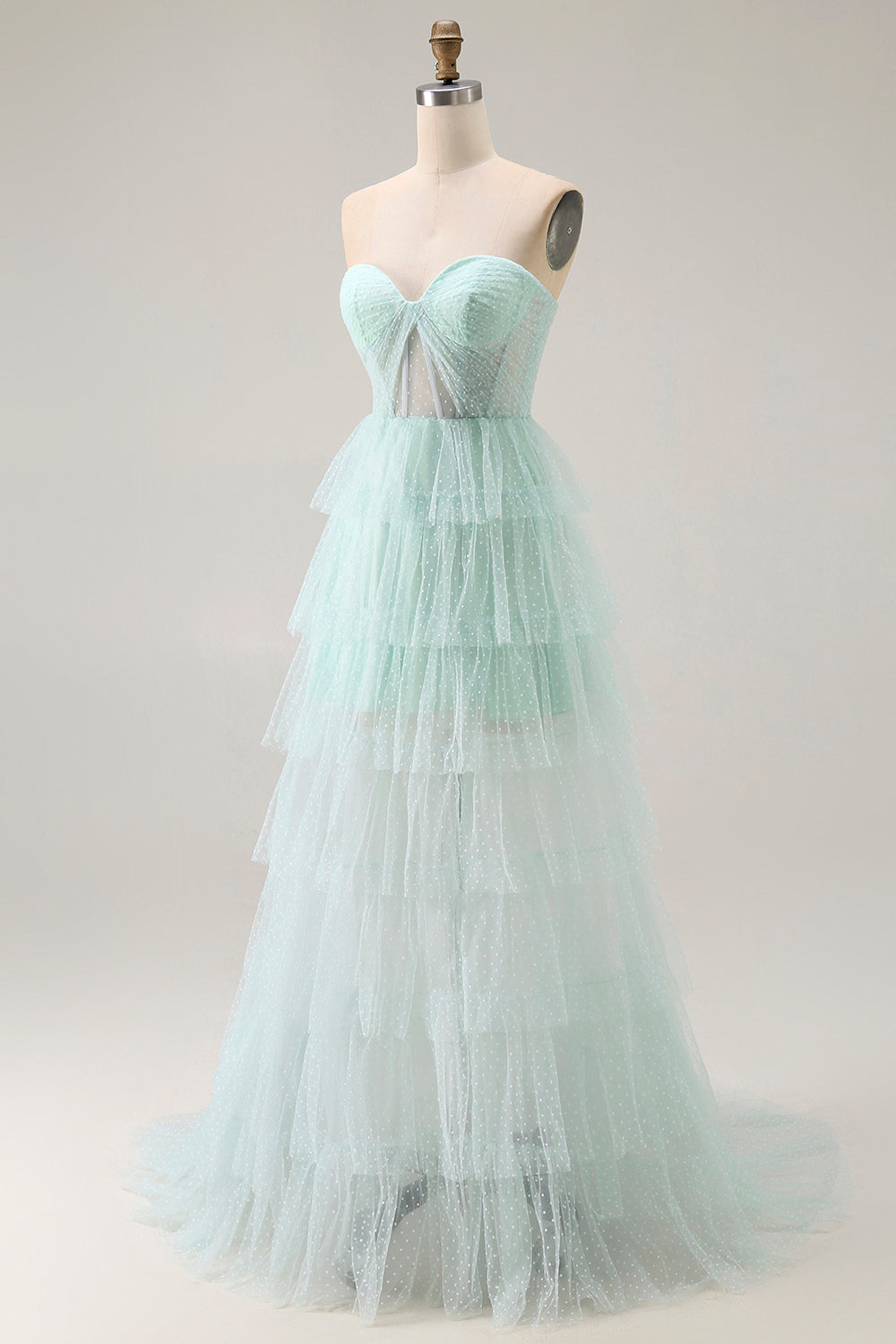 Light Green Strapless Tulle Tiered Long Prom Dress with Slit
