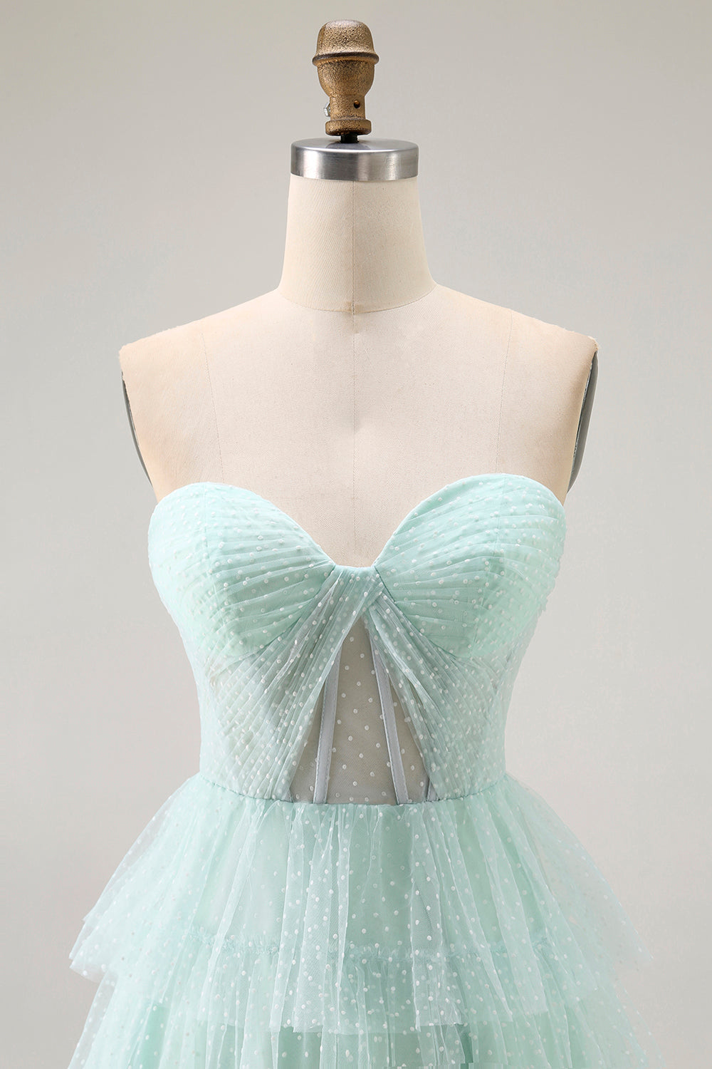 Light Green Strapless Tulle Tiered Long Prom Dress with Slit