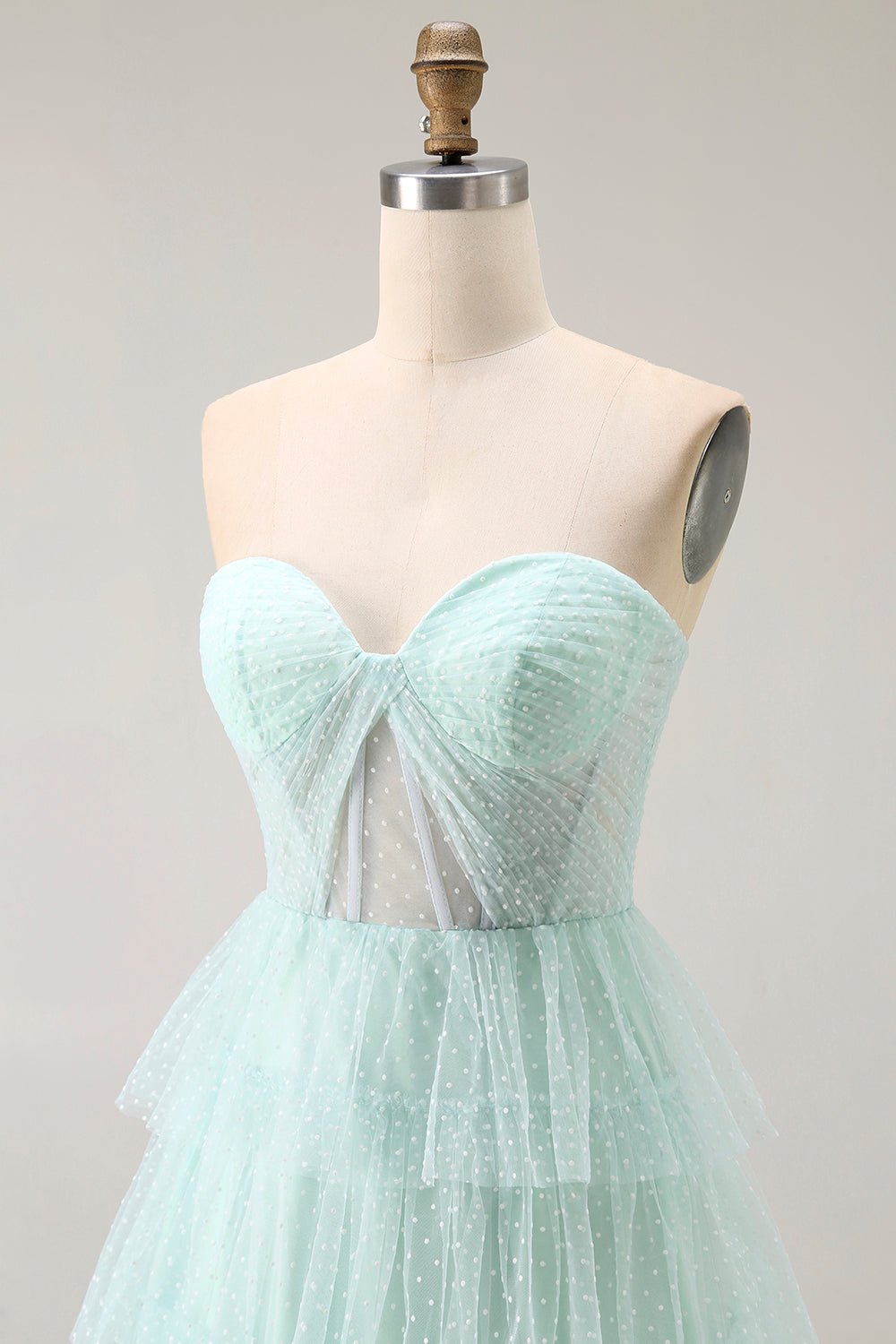 Light Green Strapless Tulle Tiered Long Prom Dress with Slit