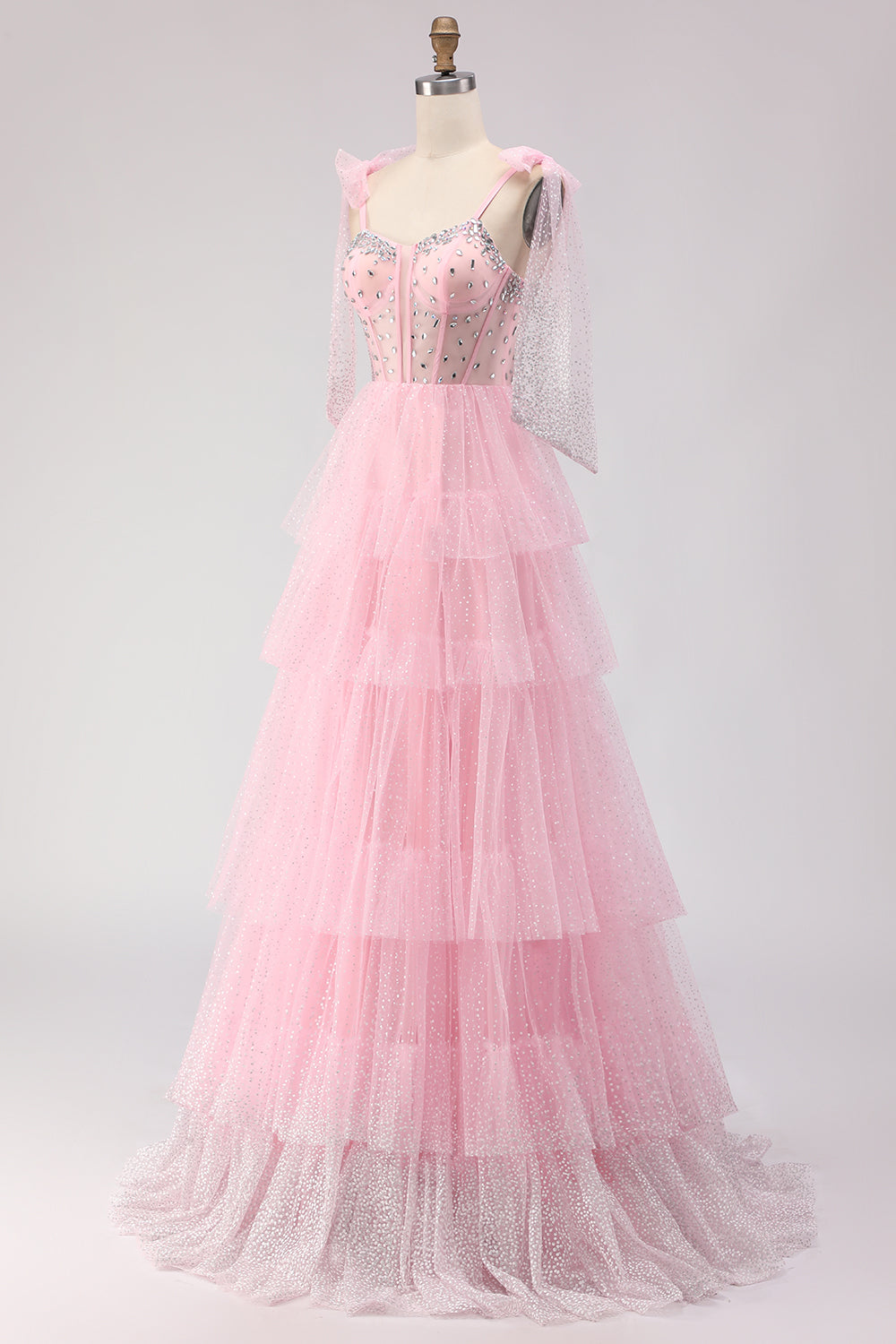 Sparkly Pink Polka Dots Tulle Tiered Corset Long Prom Dress with Beading