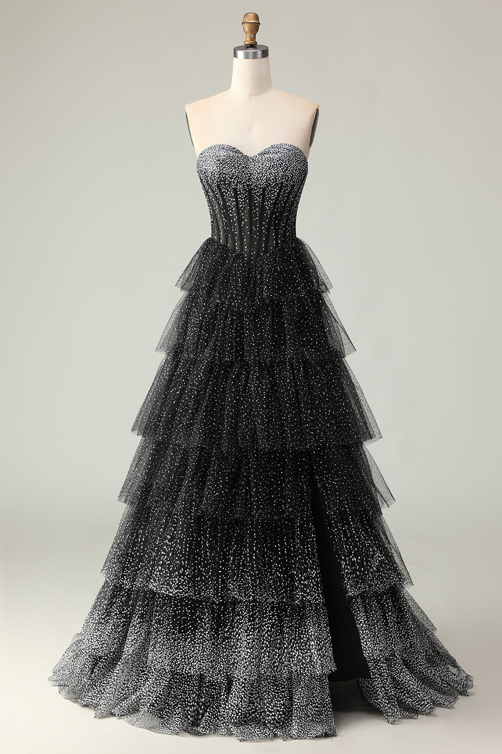 Sparkly Black and White Polka Dots Sweetheart Long Corset Prom Dress with Ruffles