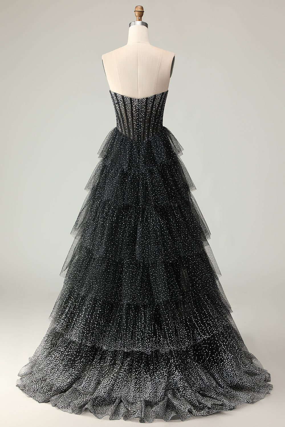 Sparkly Black and White Polka Dots Sweetheart Long Corset Prom Dress with Ruffles
