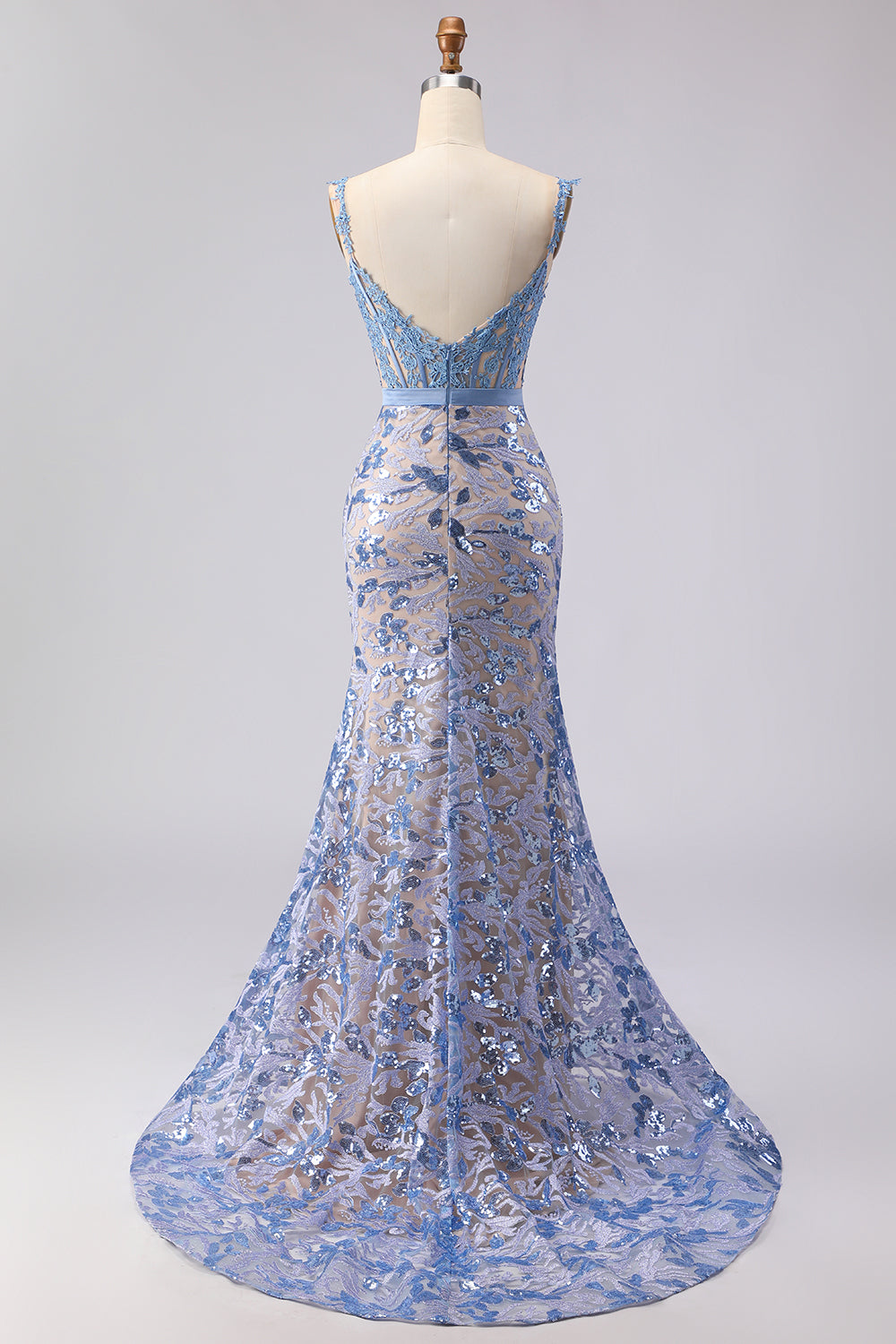 Grey Blue Lace Mermaid Corset Long Prom Dress with Bow