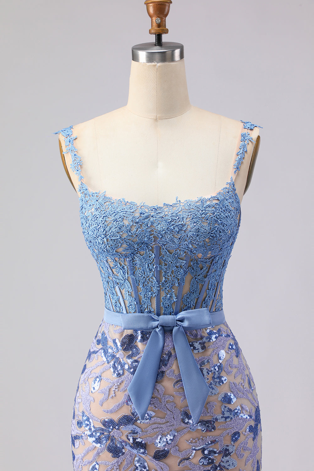 Grey Blue Lace Mermaid Corset Long Prom Dress with Bow