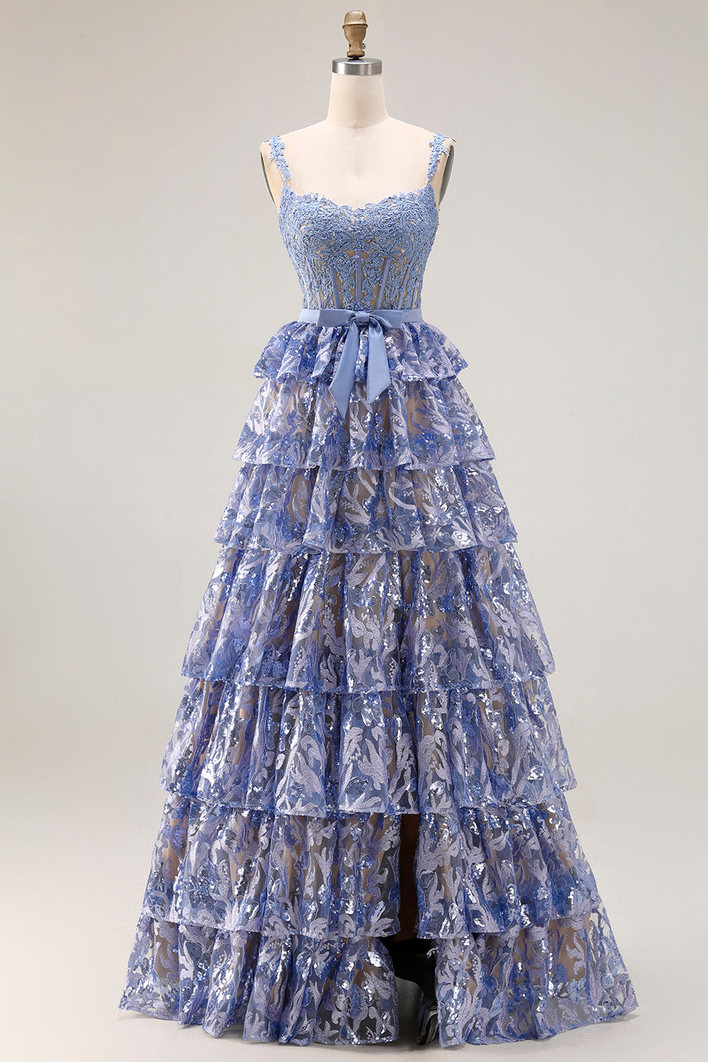 Sparkly Grey Blue Lace A Line Tiered Long Corset Prom Dress with Slit