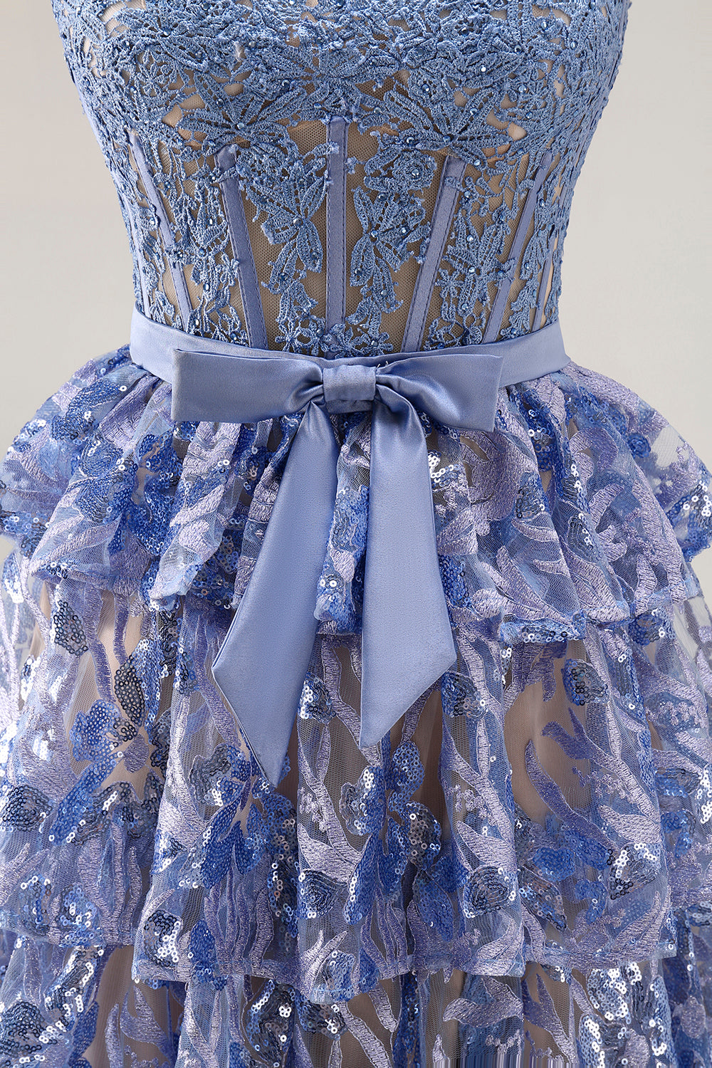 Sparkly Grey Blue Lace A Line Tiered Long Corset Prom Dress with Slit