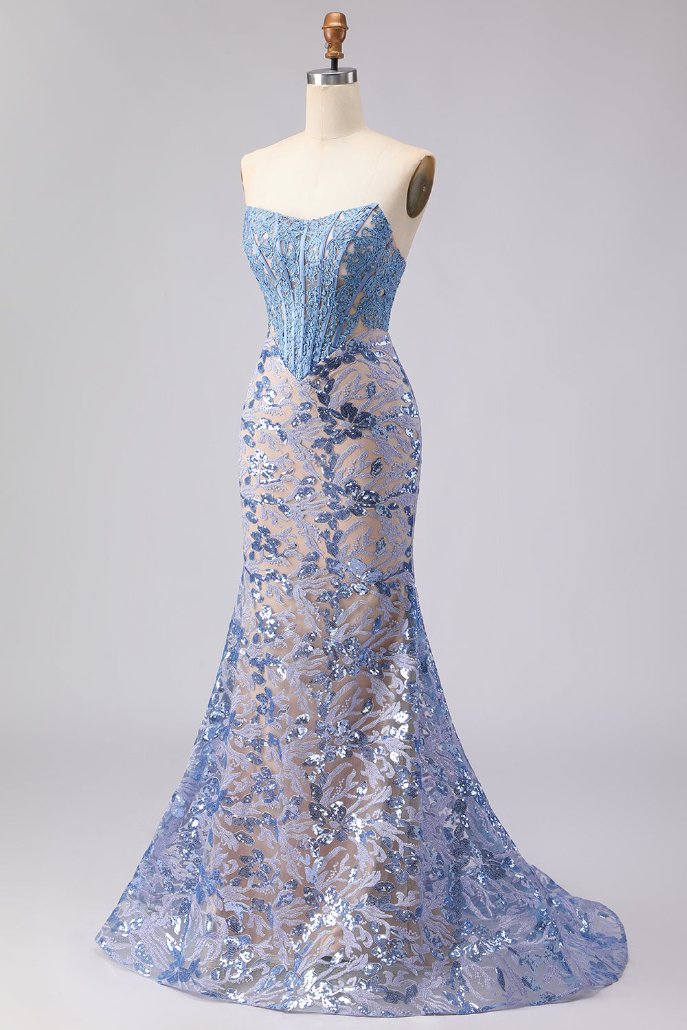 Sparkly Grey Blue Lace Mermaid Strapless Long Corset Prom Dress
