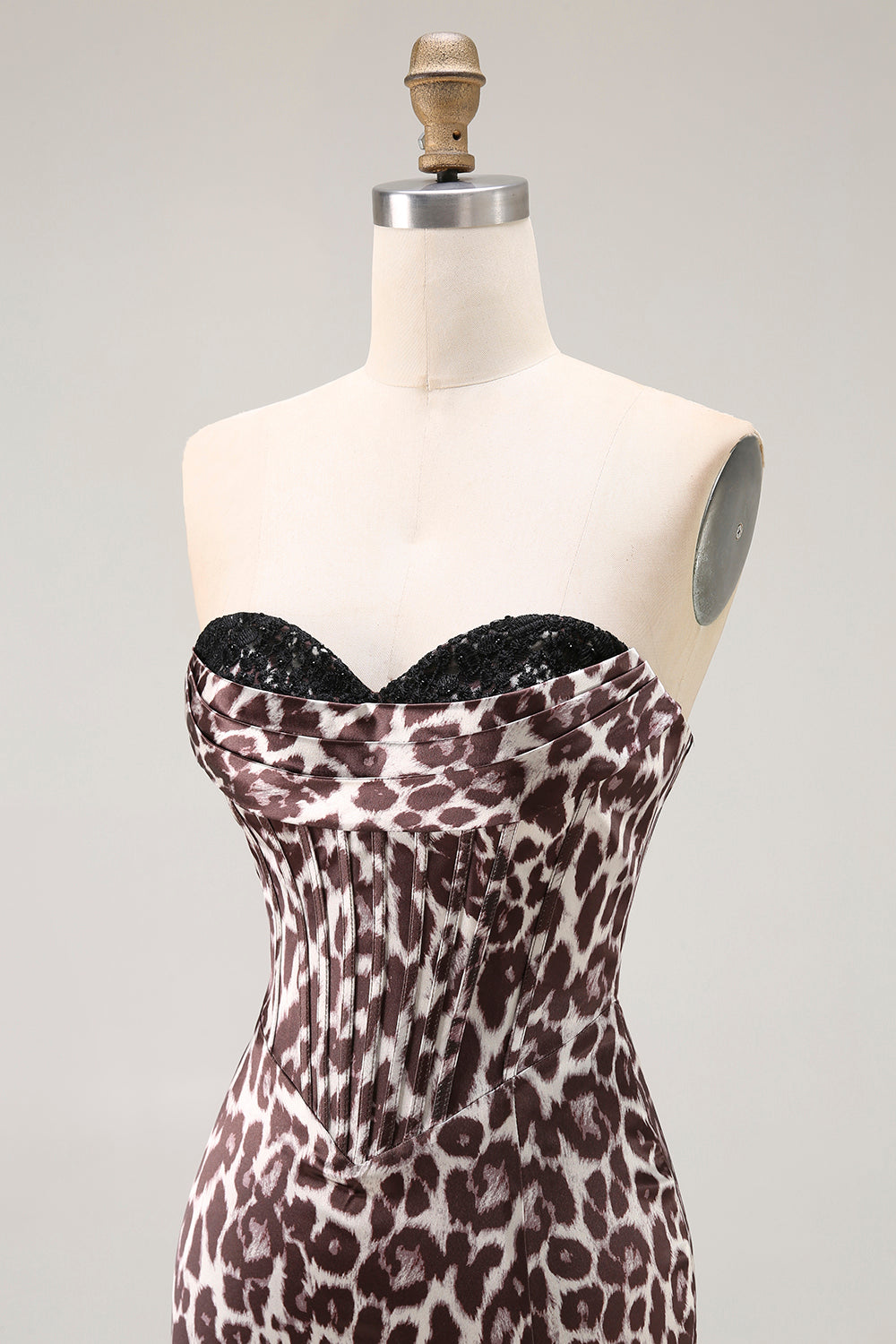 Coffee Leopard Mermaid Sweetheart Long Corset Prom Dress with Slit