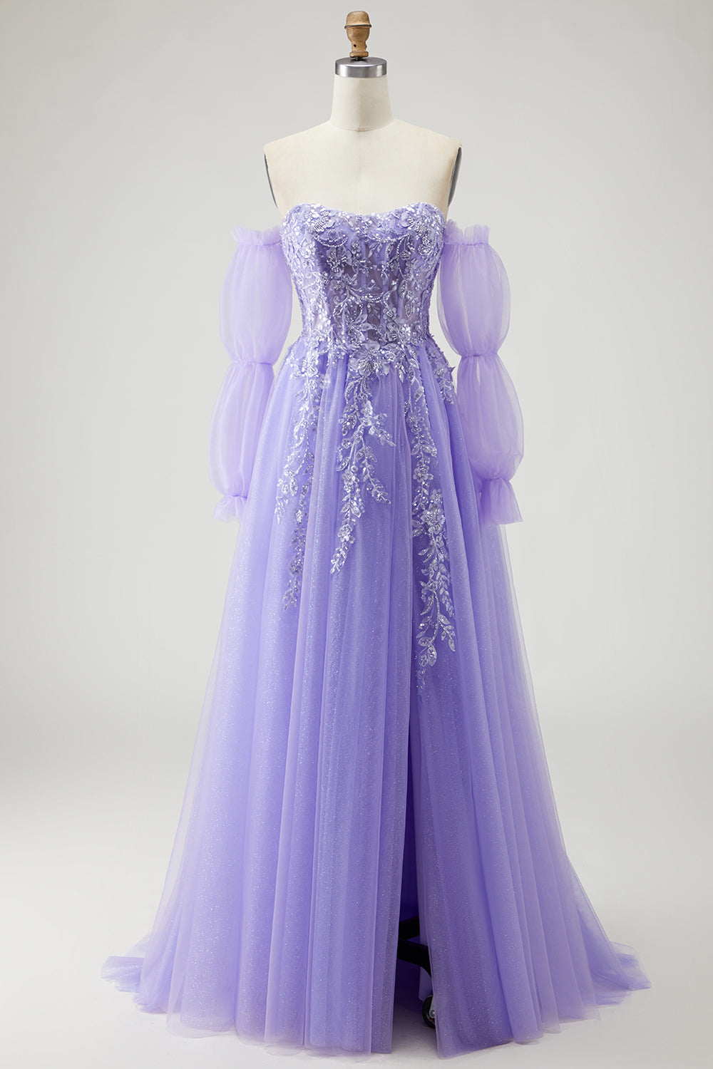 Floral Purple A-Line Tulle Long Prom Dress with Detachable Sleeves