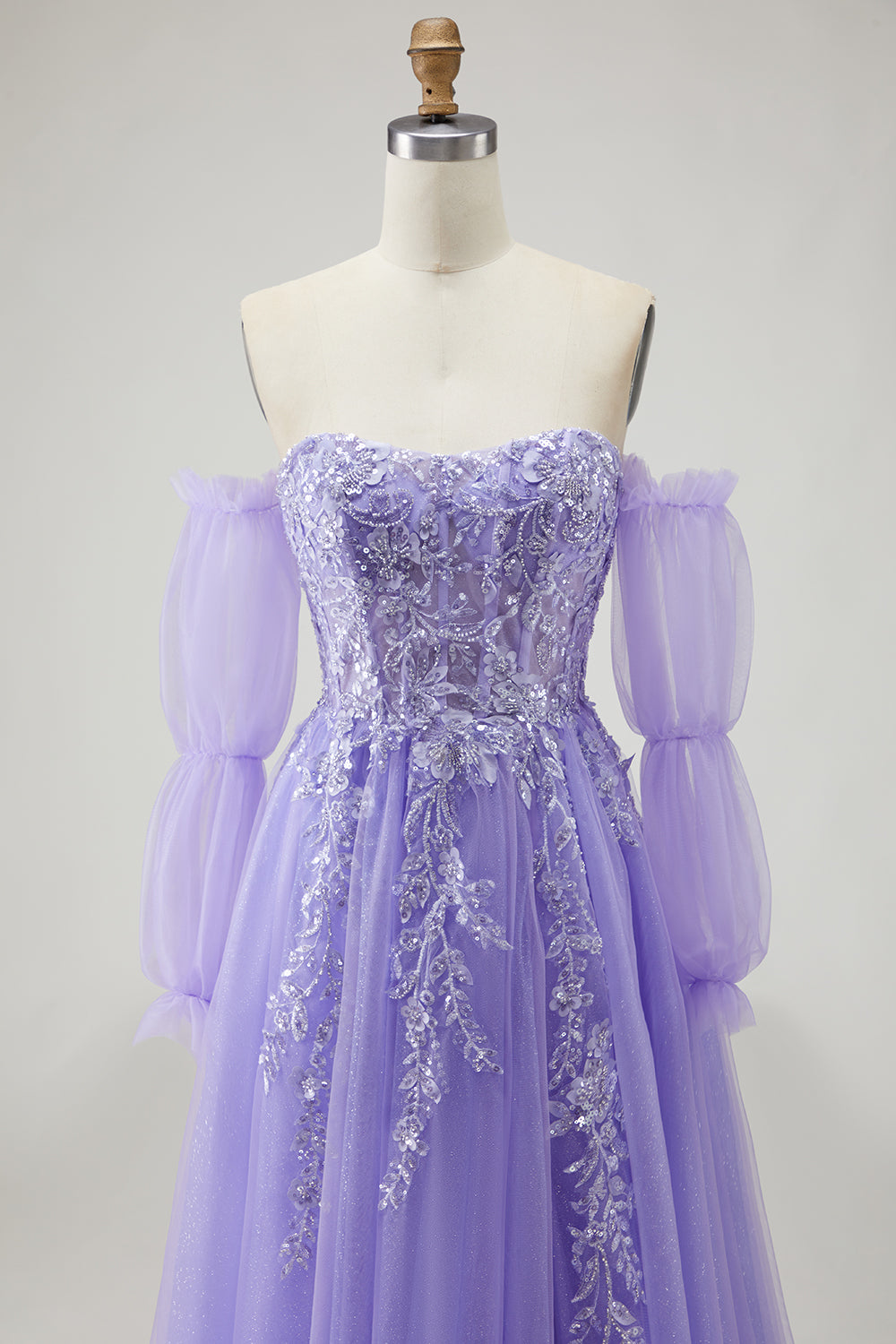 Floral Purple A-Line Tulle Long Prom Dress with Detachable Sleeves