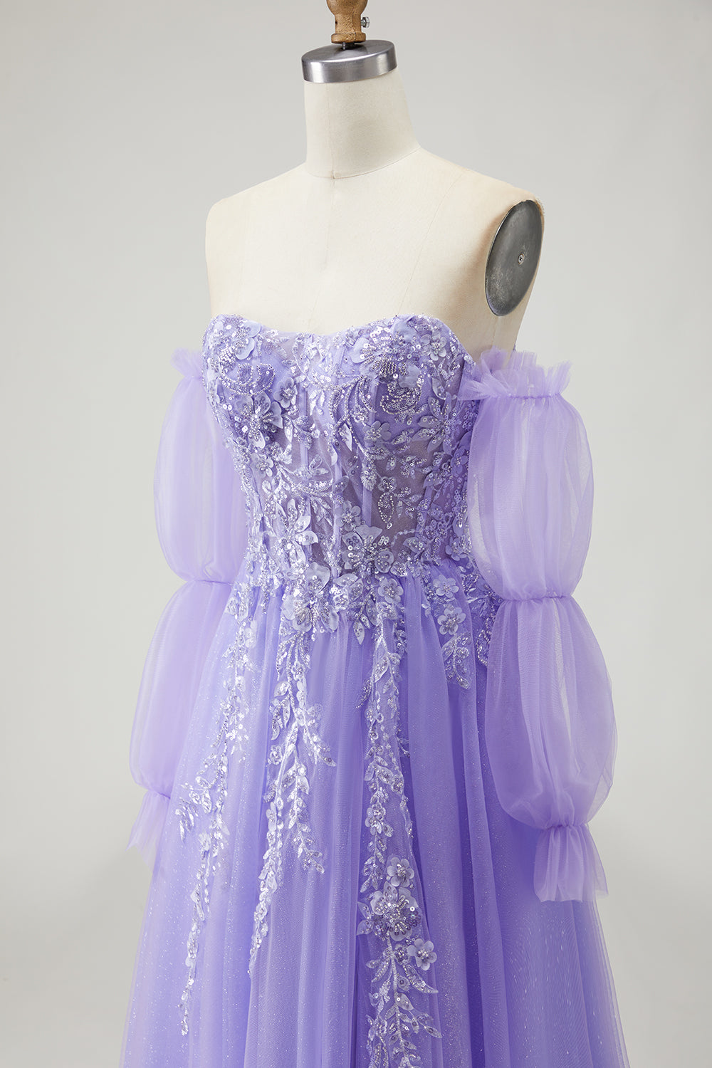 Floral Purple A-Line Tulle Long Prom Dress with Detachable Sleeves