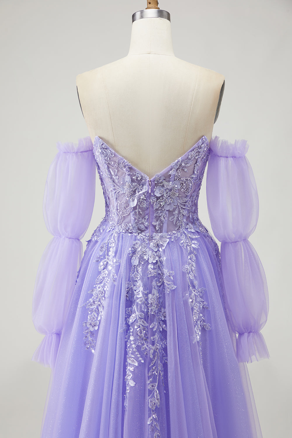 Floral Purple A-Line Tulle Long Prom Dress with Detachable Sleeves