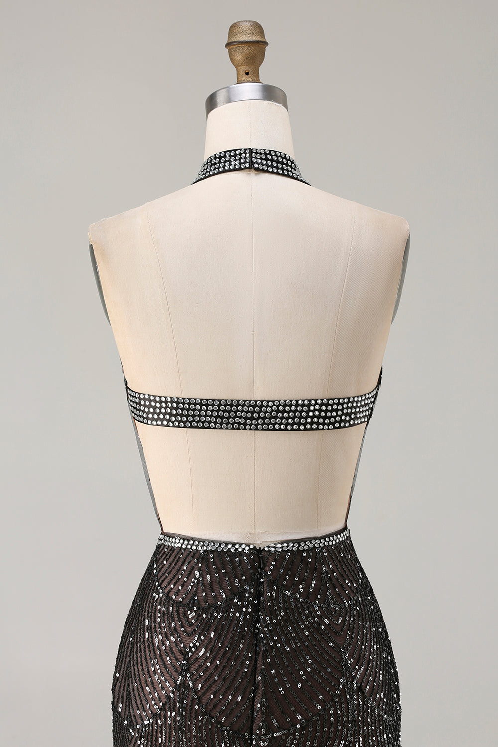 Sparkly Champagne Mermaid Halter Neck Long Beaded Prom Dress with Slit