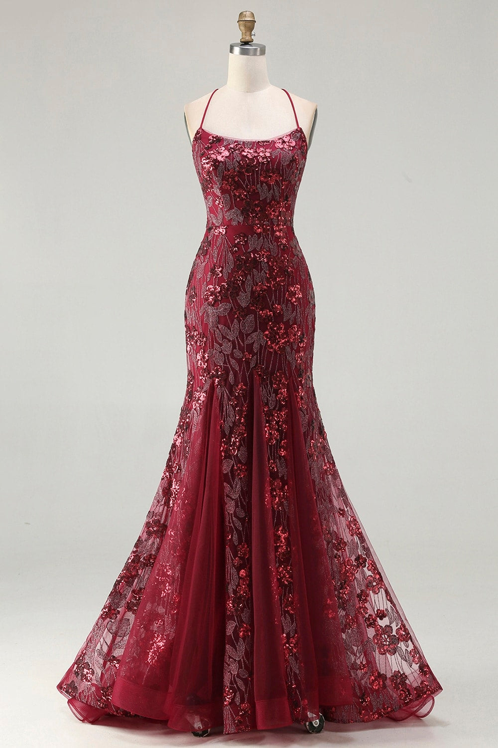 Sparkly Burgundy Mermaid Lace-Up Back Long Sequins Prom Dress with Beading