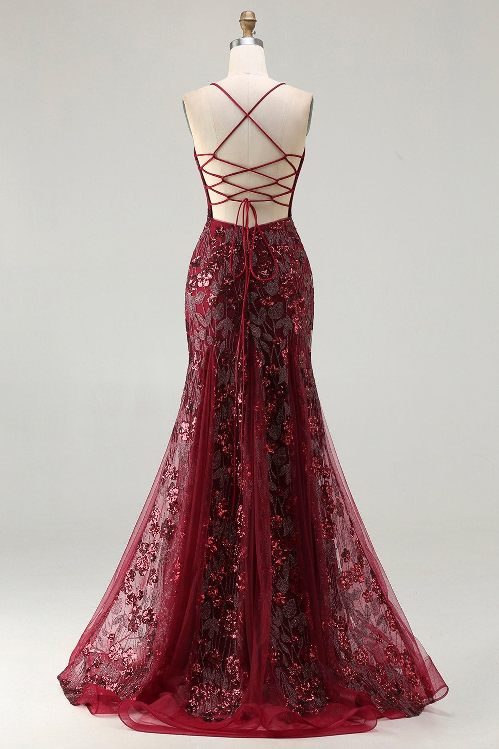 Sparkly Burgundy Mermaid Lace-Up Back Long Sequins Prom Dress with Beading