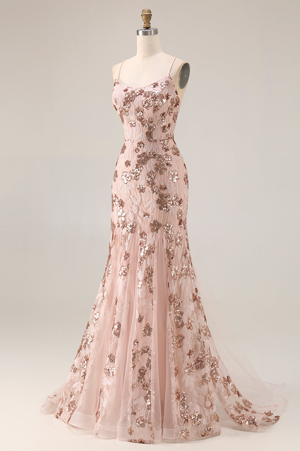 Sparkly Floral Rose Golden Mermaid Sequins Long Beaded Prom Dress