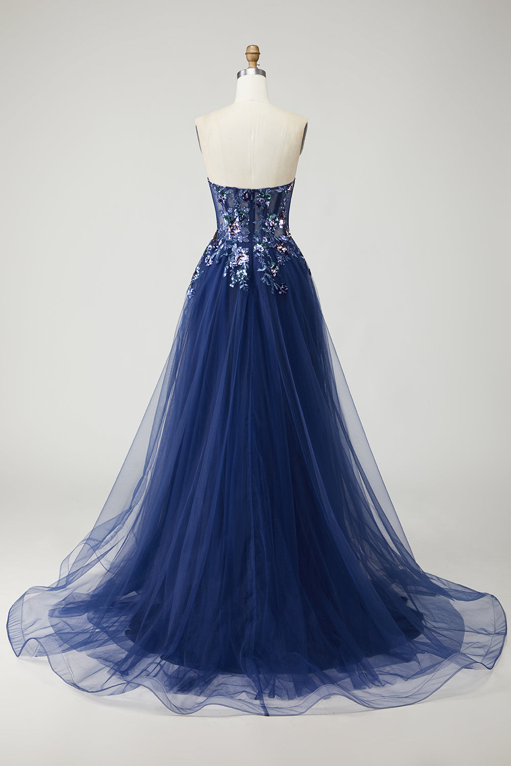 Sparkly Navy A-Line Tulle Long Corset Prom Dress with Embroidery