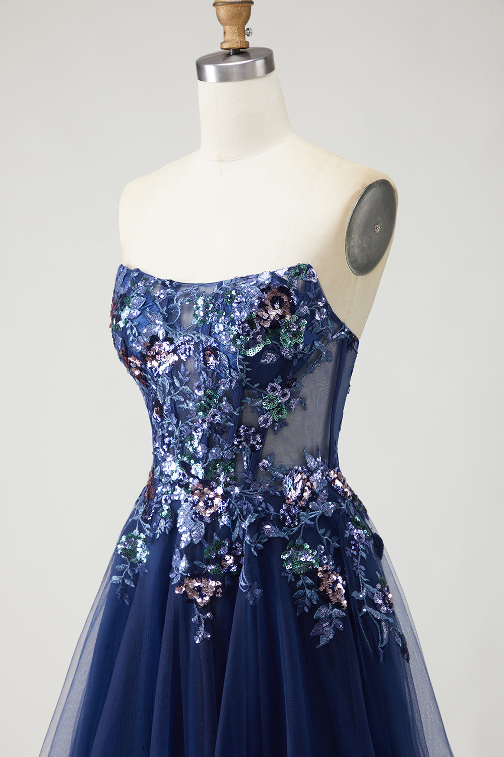 Sparkly Navy A-Line Tulle Long Corset Prom Dress with Embroidery