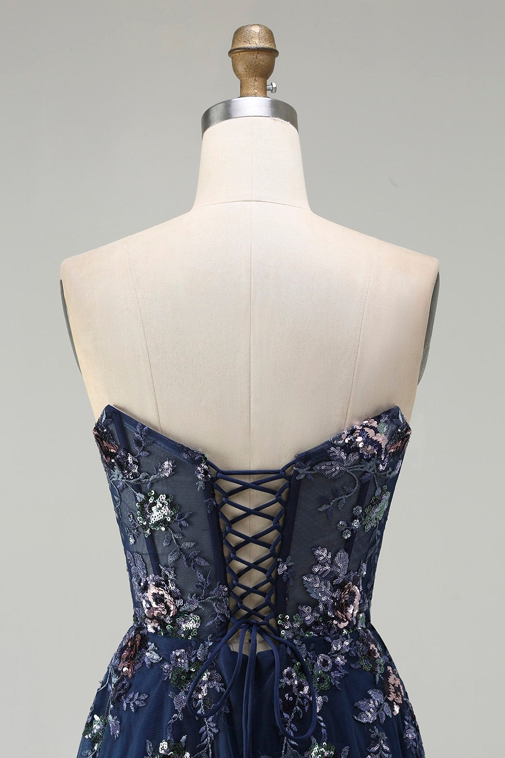 Sparkly Navy Tulle A-Line Long Corset Prom Dress with Sequin