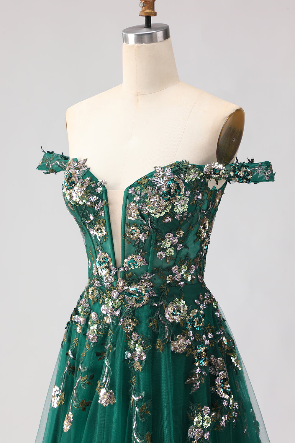 Sparkly Dark Green Floral A-Line Long Prom Dress with Appliques