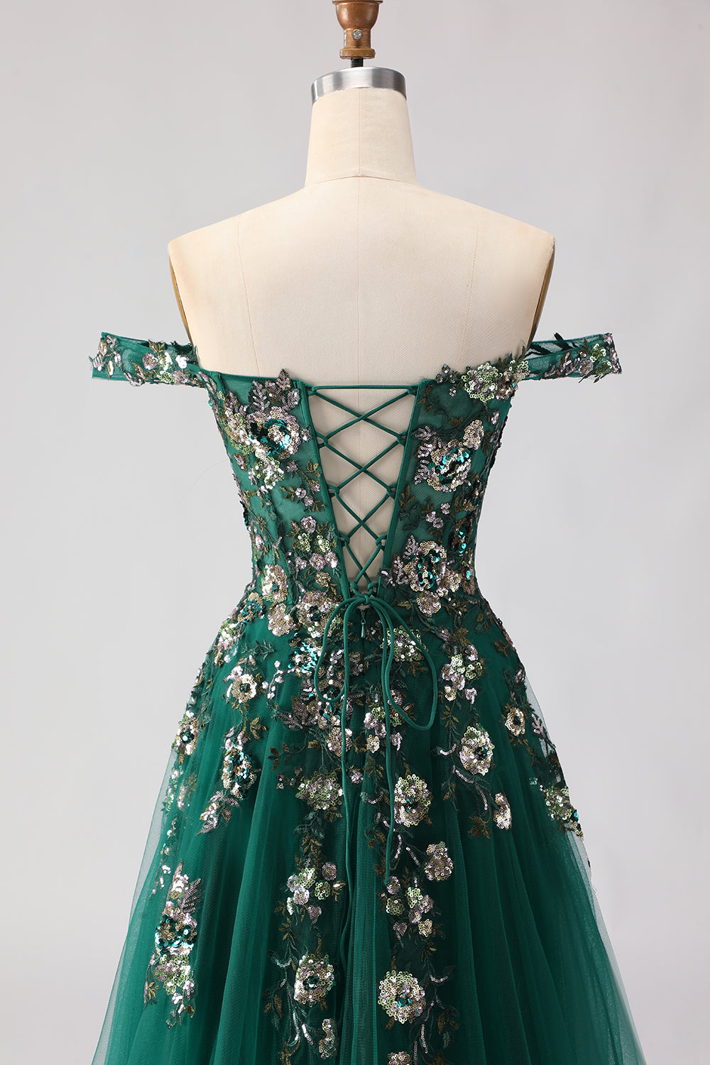 Sparkly Dark Green Floral A-Line Long Prom Dress with Appliques