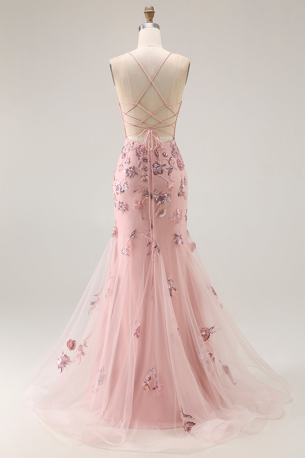 Sparkly Blush Mermaid Flower Long Corset Prom Dress