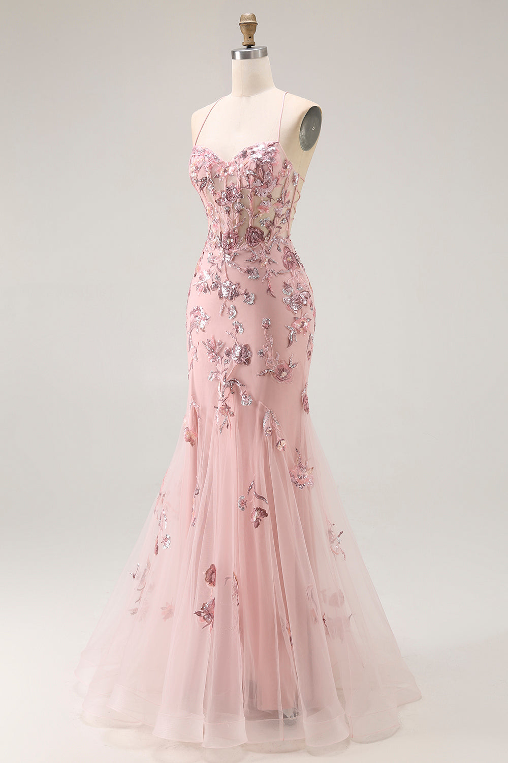 Sparkly Blush Mermaid Flower Long Corset Prom Dress