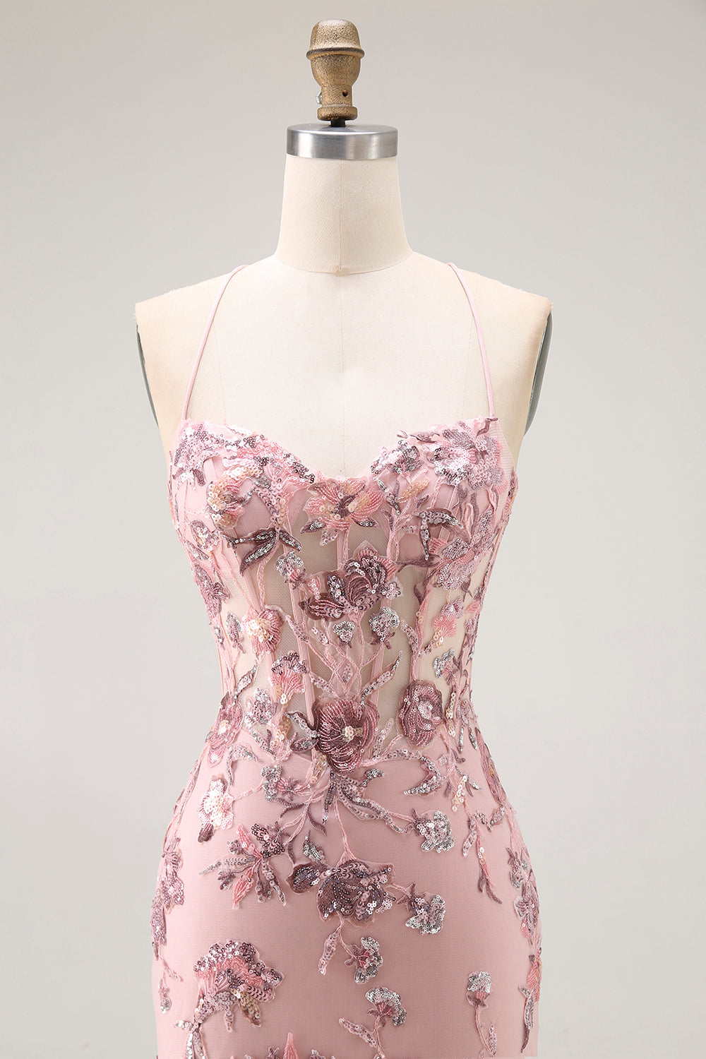 Sparkly Blush Mermaid Flower Long Corset Prom Dress