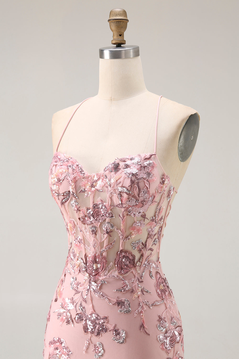 Sparkly Blush Mermaid Flower Long Corset Prom Dress