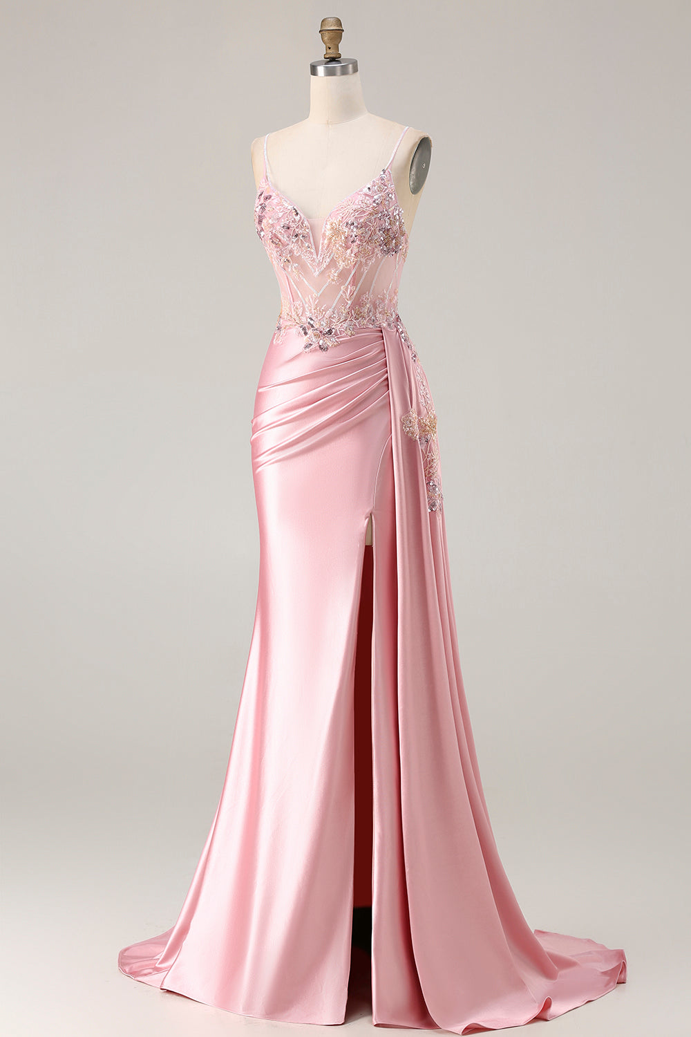 Sparkly Floral Pink Satin Corset Long Mermaid Prom Dress with Sequin