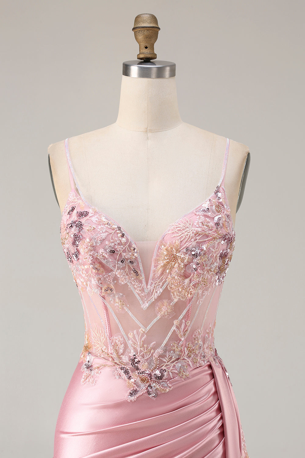 Sparkly Floral Pink Satin Corset Long Mermaid Prom Dress with Sequin